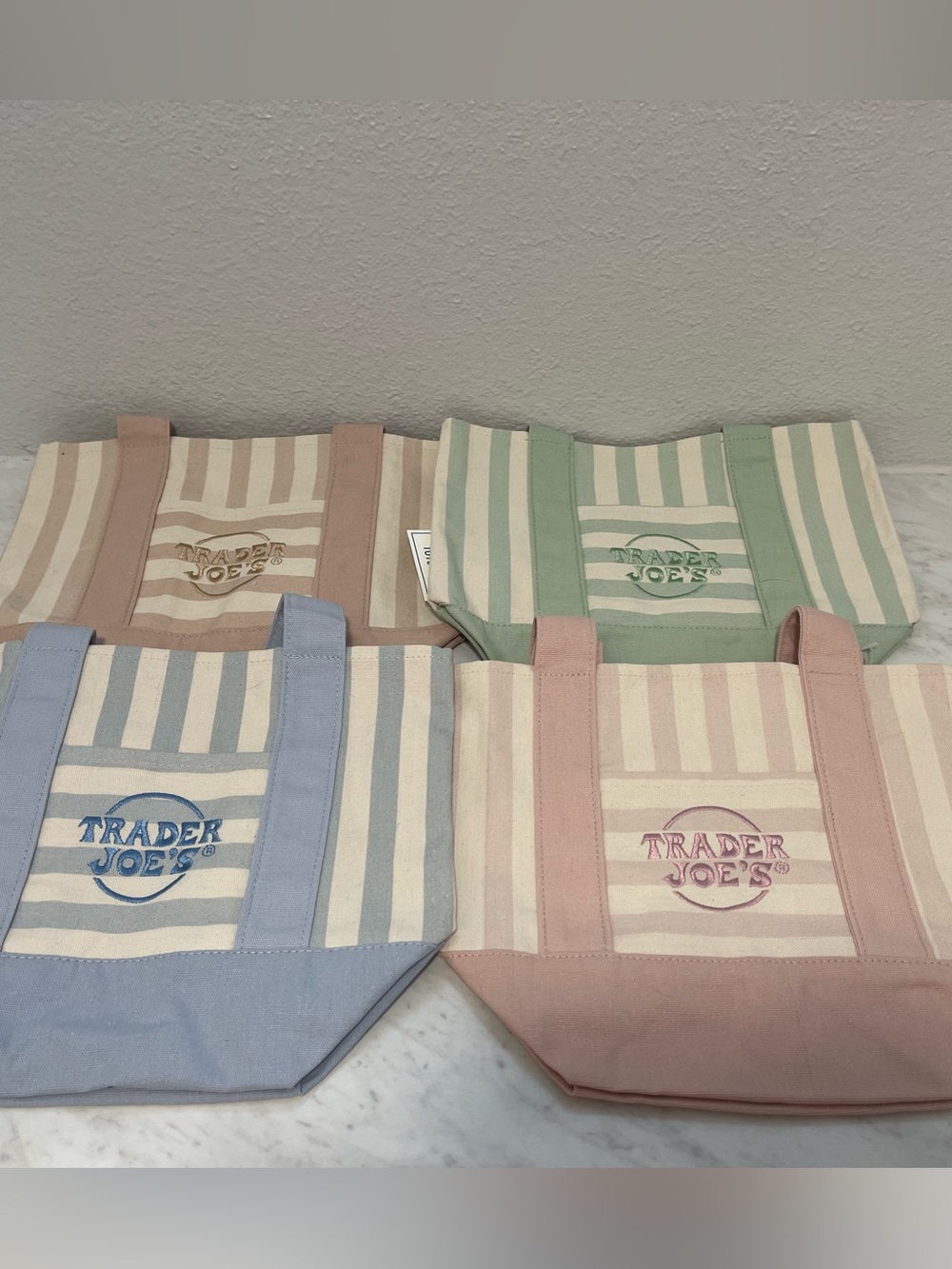 Trader Joes Mini Striped Pastel Canvas Tote Bag Set of 4